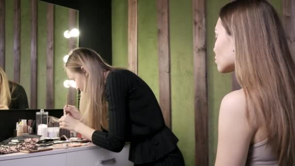 Atractivo caucásico maquillaje artista haciendo maquillaje para joven hembra en salón de belleza — Vídeo de stock