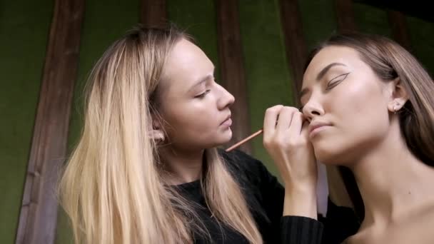 Atractivo caucásico visagiste haciendo maquillaje para joven hembra en salón de belleza — Vídeo de stock