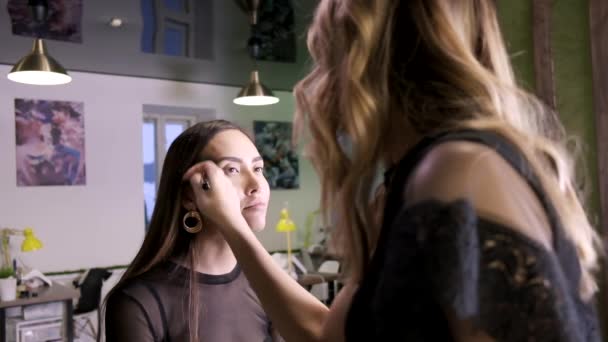 Artista de maquillaje haciendo maquillaje para atractivo joven asiático hembra en salón de belleza — Vídeos de Stock