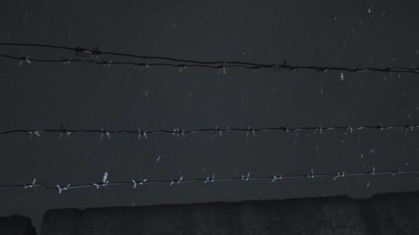 Prison barbed wire over concrete fence at cold dark winter night during snowfall — Stock Video