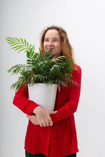 Joven caucásica sonriente bonita mujer sostiene verde planta de interior en olla en sus brazos — Foto de Stock