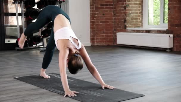 Yoga egzersizleri yapan kız, köpeğe doğru eğilip asana, bakasana pozu veriyor. — Stok video