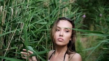 Bikinili seksi, ince Asyalı kız sazlıklar arasında yolunu buluyor.