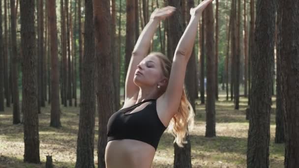 Práticas de menina ajuste flexível ioga, executa surya namaskar na floresta de pinheiros ensolarada — Vídeo de Stock