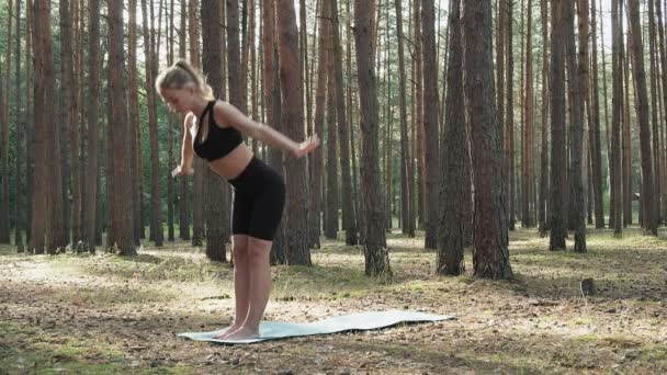 Elastyczne dopasowanie kobiet praktykuje jogę, wykonuje surya namaskar w słonecznym lesie sosnowym — Wideo stockowe