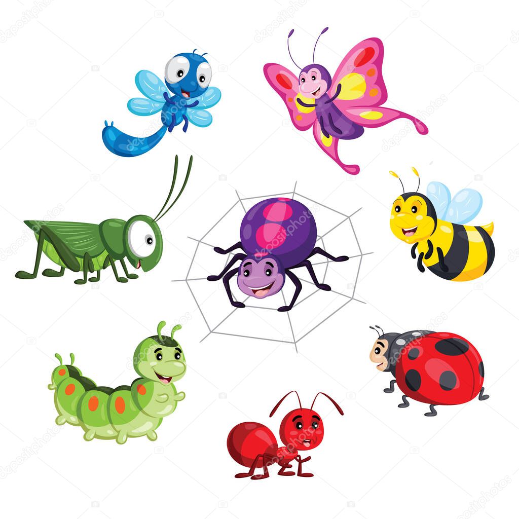 Illustration of cute cartoon insect set.