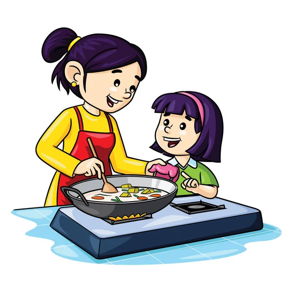 Ilustración Dibujos Animados Lindo Mamá Los Niños Cocinando Cocina — Vector de stock