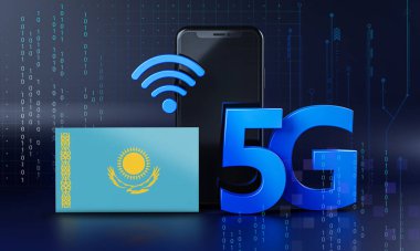Kazakistan 5G Bağlantı Kavramı için hazır. 3 Boyutlu Akıllı Telefon Teknolojisi Arkaplanı
