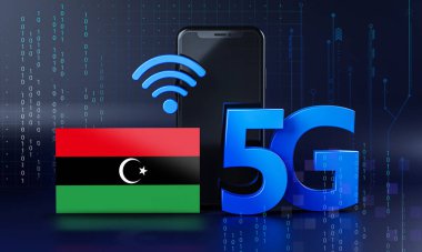 Libya 5G Bağlantı Kavramı için hazır. 3 Boyutlu Akıllı Telefon Teknolojisi Arkaplanı
