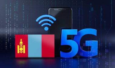 Moğolistan 5G Bağlantı Kavramı için hazır. 3 Boyutlu Akıllı Telefon Teknolojisi Arkaplanı