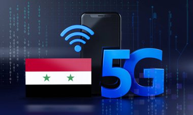 Suriye 5G Bağlantı Konsepti için hazır. 3 Boyutlu Akıllı Telefon Teknolojisi Arkaplanı