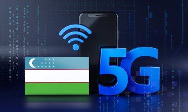 Özbekistan 5G Bağlantı Konseptine Hazır. 3 Boyutlu Akıllı Telefon Teknolojisi Arkaplanı