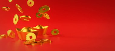 Çin Yeni Yıl Sancak Arkaplanı. Altın Çin sikkesi Ingot 'a düşüyor. Boşluğu 3B olarak kopyala
