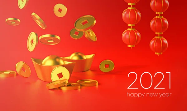 Chiński Nowy Rok 2021 Tło Chińska Złota Moneta Spada Ingot — Zdjęcie stockowe