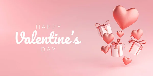 Gelukkige Valentijnsdag Banner Wenskaart Heart Shape Gift Box Flying Rendering — Stockfoto