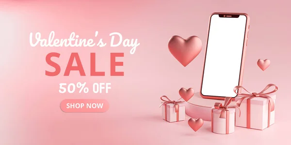 Smartphone Mockup San Valentín Venta Love Heart Shape Caja Regalo —  Fotos de Stock