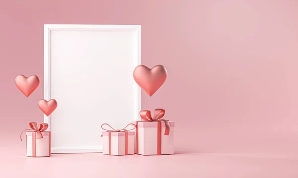 Портрет Фоторамка Шаблон Макет Love Heart Ballon Gift Box Rendering — стоковое фото