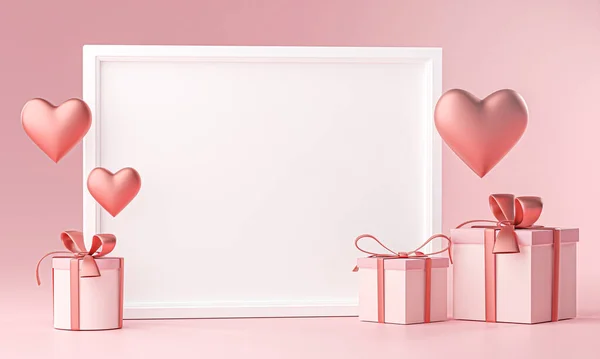 Photo Frame Mockup Template Love Heart Ballon Gift Box Rendering — стоковое фото