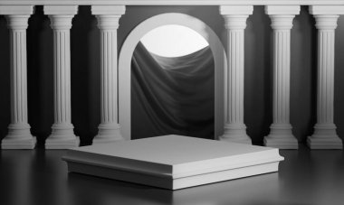 Kare Podyumlar Parlak Siyah Kapı Klasik Sütun Kolonları 3B Renklendirme