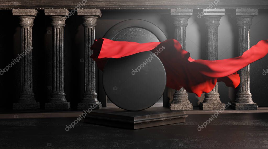 Unveil Red Cloth Cover From Round Black Stone Classic Colums Pillars. Empty Space Mockup Template 3D Rendering