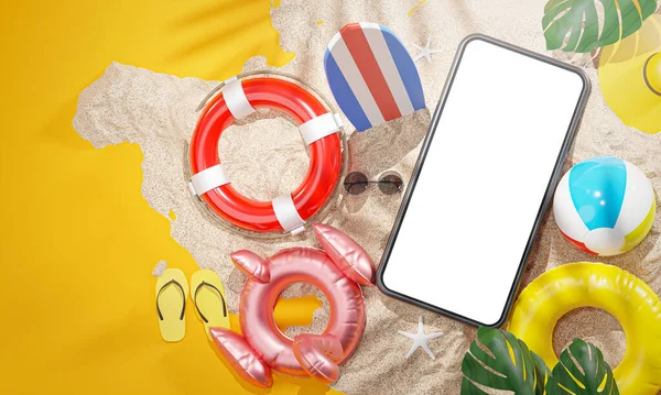 Макет Телефону Між Літніми Аксесуарами Пляжі Жовтий Фон Рендерингу — стокове фото