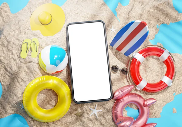 Telefon Mockup Között Summer Beach Kiegészítők Renderelés — Stock Fotó