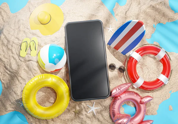 Telefon Között Summer Beach Tartozékok Renderelés — Stock Fotó