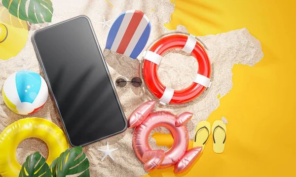 Phone Summer Beach Accessories Yellow Background Rendering — Stock Photo, Image