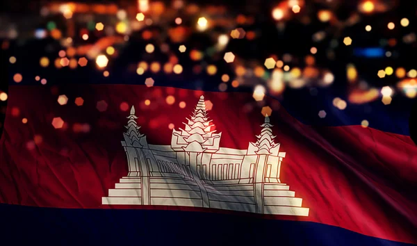 Bandeira Nacional Camboja Luz Noite Bokeh Fundo abstrato — Fotografia de Stock