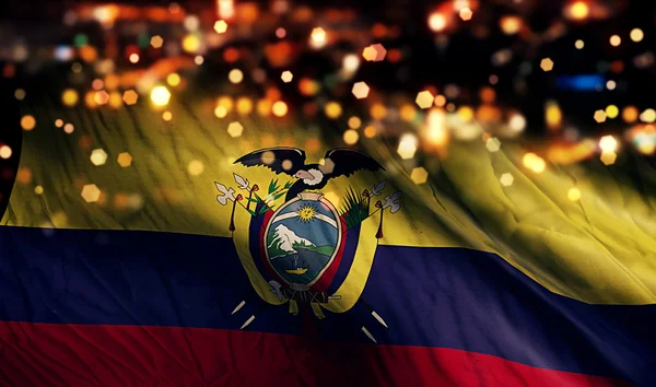 Ecuador Nationalflagge Licht Nacht Bokeh abstrakten Hintergrund — Stockfoto