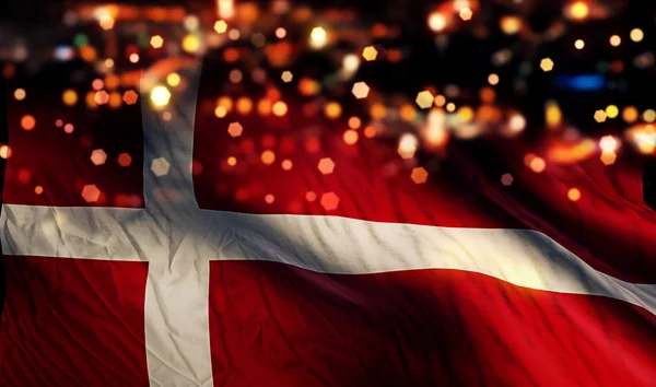 Denmark National Flag Light Night Bokeh Abstract Background — Stock Photo, Image