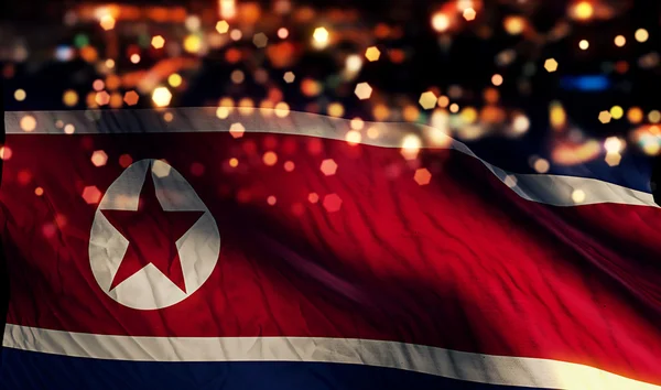 North Korea National Flag Light Night Bokeh Abstract Background — Stock Photo, Image