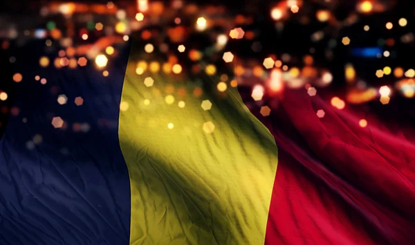 Romania National Flag Light Night Bokeh Abstract Background — Stock Photo, Image