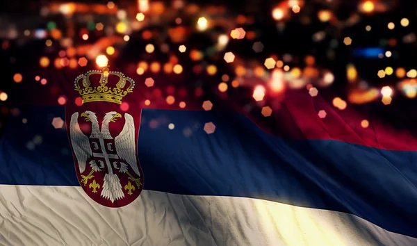 Serbia National Flag Light Night Bokeh Abstract Background — Stock Photo, Image
