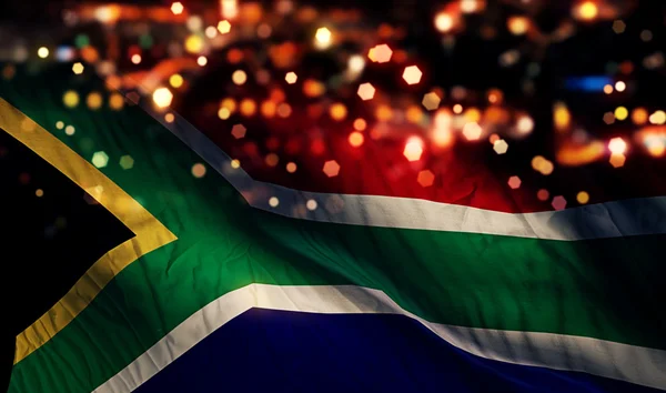 Sudafrica Bandiera Nazionale Luce Notte Bokeh Sfondo astratto — Foto Stock