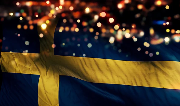 Suécia Bandeira Nacional Luz Noite Bokeh Resumo Fundo — Fotografia de Stock