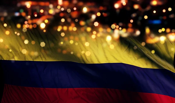 Bandeira Nacional da Colômbia Luz Noite Bokeh Fundo Abstrato — Fotografia de Stock