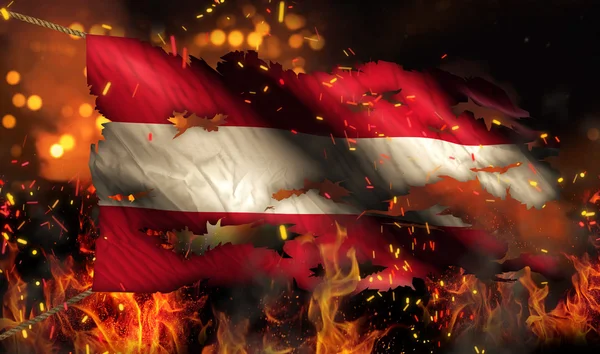 Austria Burning Fire Flag War Conflict Night 3D — Stock Photo, Image