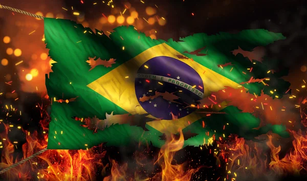 Brazil Burning Fire Flag War Conflict Night 3D — Stock Photo, Image