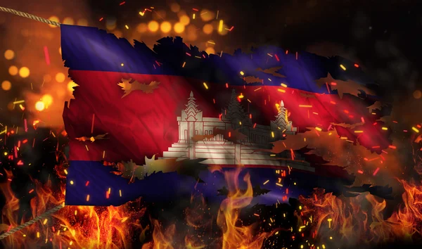 Cambodja brandende vuur vlag oorlog conflict nacht 3d — Stockfoto