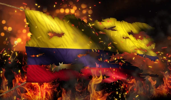 Colombia Burning Fire Flag Guerra Conflicto Noche 3D —  Fotos de Stock