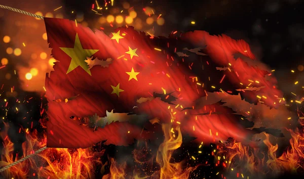 China Burning Fire Flag War Conflict Night 3D — Stock Photo, Image