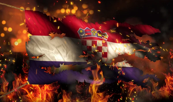 Croatia Burning Fire Flag War Conflict Night 3D — Stock Photo, Image