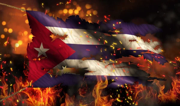 Cuba Burning Fire Flag War Conflict Night 3D — Stock Photo, Image