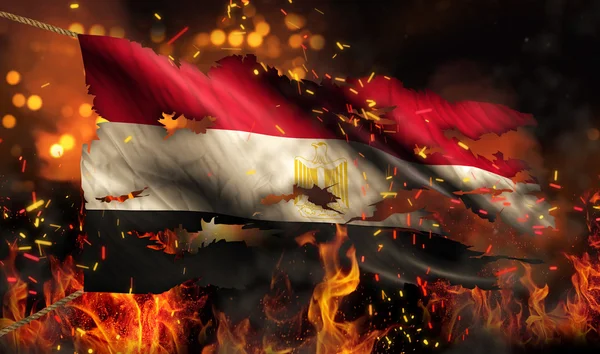 Egypt Burning Fire Flag War Conflict Night 3D — Stock Photo, Image
