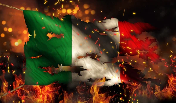 Italy Burning Fire Flag War Conflict Night 3D — Stock Photo, Image