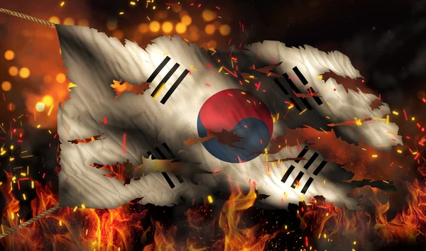 Corea del Sud Incendio Bandiera Guerra Conflitto Notte 3D — Foto Stock