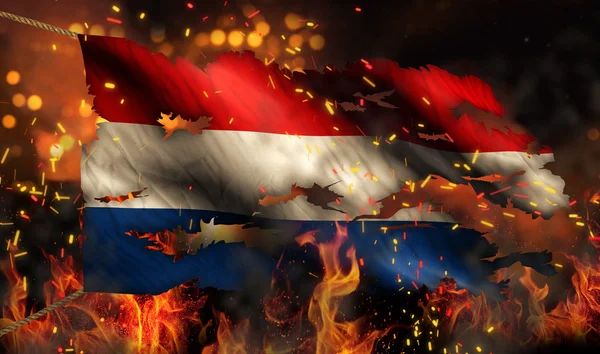 Netherlands Burning Fire Flag War Conflict Night 3D — Stock Photo, Image