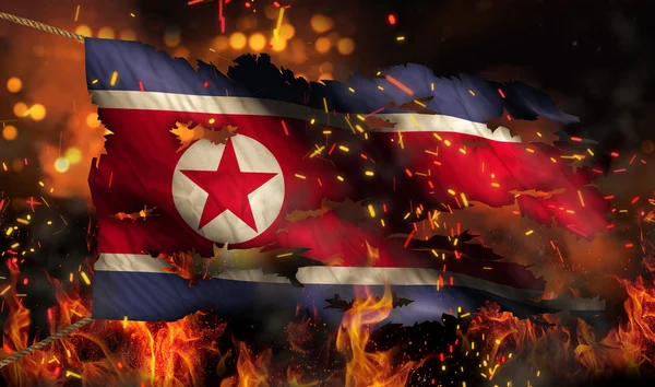 North Korea Burning Fire Flag War Conflict Night 3D — Stock Photo, Image