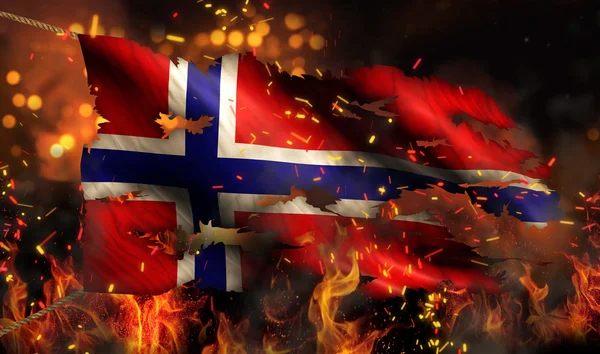 Norway Burning Fire Flag War Conflict Night 3D — Stock Photo, Image